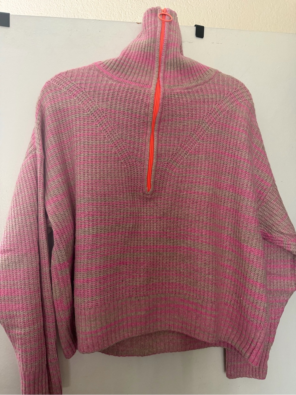 Aerie Pink & Taupe Striped Quarter Zip Knit Sweater Size Small